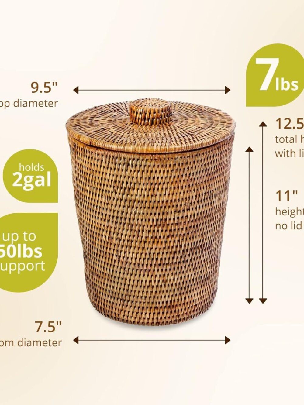 La Jolla Rattan Round Waste Basket With Lid & Plastic Insert, 2 Gallon Woven Was - Picture 6 of 9